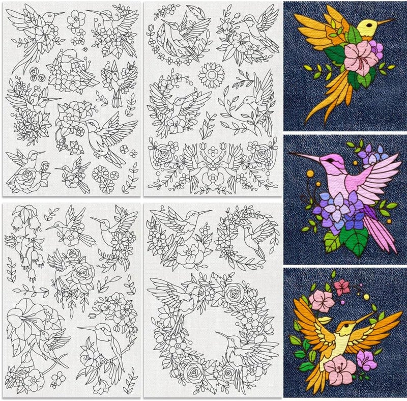 DOODLREAM 23Pcs Hummingbird and Flower Embroidery Pattern Stabilizer, 8.3"x11.7" Bird Water Soluble Stick and Stitch Embroidery Sticker, 4 Sheets Floral Hand Sewing DIY Embroidery Paper - Image 1